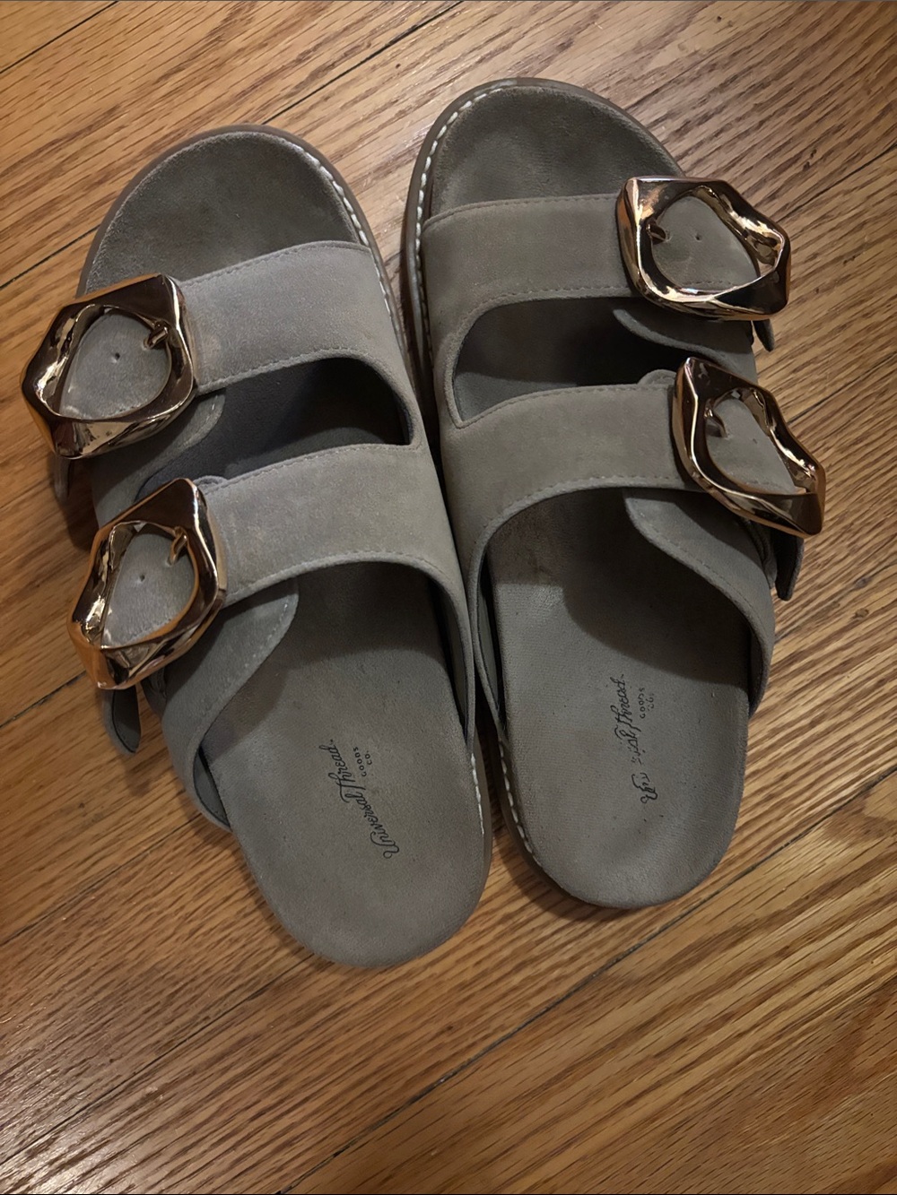 Universal Thread Taupe Double-Buckle Slide Sandals with Gold Buckles